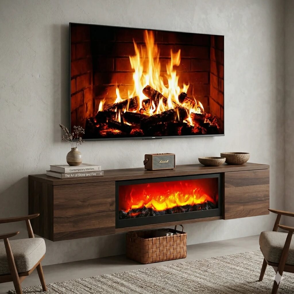 Meuble TV mural avec cheminée électrique effet feu réaliste