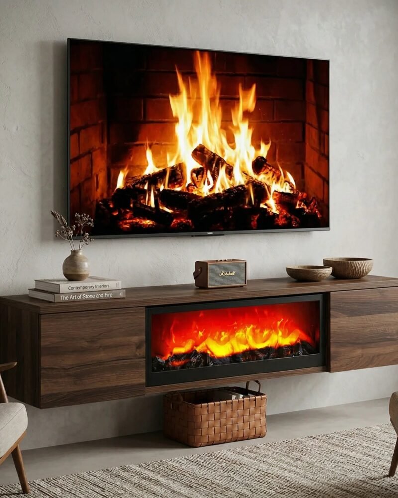 Meuble TV mural avec cheminée électrique effet feu réaliste